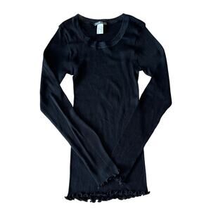 Monoprix Femme Long Sleeve Ribbed Lettuce Hem T-Shirt Black T2 Medium